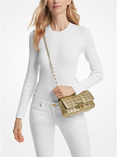 Michael Kors Tribeca Small Quilted Metallic Lizard Embossed .